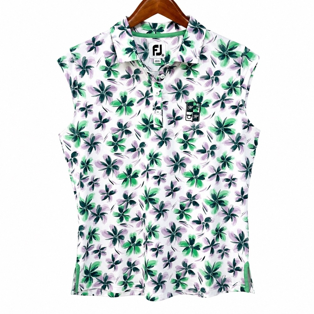 FootJoy Womens Sleeveless Floral Golf Polo Shirt Green Purple White Size Medium